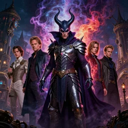 a young mix of willem dafoe, christopher walken, michael emerson, evil wizard, partially armored, intricate colorful cosmic smoke magic, victorian steampunk city vista, style of hiroshi nagai, dan mcphalin, ian mcque