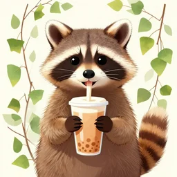 digital art | a happy raccoon, holding a boba milky oolong tea, surrounded by aspen leaves and aspen branches. symmetrical, rule of thirds | dc comics, marvel, avengers