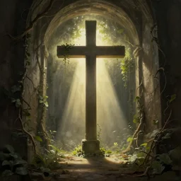 a christian cross as the light at the end of the tunnel, with a few vines and overgrowth, concept art by Doug Chiang cinematic, realistic painting, high definition, digital art, symmetrical, very detailed, extremely high detail, photo realistic, concept art, unreal engine 5,