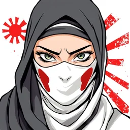 hijab tribe jaw japan flag background, sharp eyes, character designs, manga, white paper, guido borelli da caluso, illustration, portrait