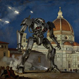 a gigantic mech attack with missiles piazzale michelangelo in firenze, night, oil paint by william - adolphe bouguereau