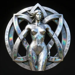 geometric metal monument sculpture of a gaelic knot with glass elements refracting rainbows into iridescent patterns, majestic female form in the center of the knot, chest open, style of jack storms, octane render, artstation