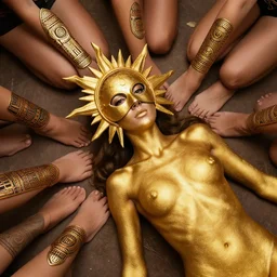 a beautiful fashion model photoshoot, tilt up angle, wearing a golden bodypaint with a persian 2 0 inches sun gold mask in the face, and surrounded by a circle of women legs with aztec ornaments - 6