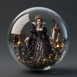 By Tom Bagshaw, ultra realist octane render of a floating transparent glass sphere filled with a dark curiosities carnival scene mixed with a beautiful gothic queen dressed, reflection and refraction, symmetry accurate features, very intricate details, artstation