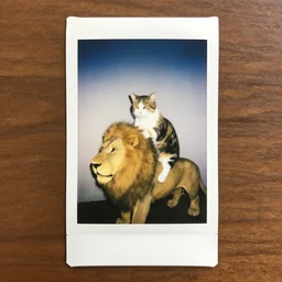 polaroid of a cat riding a lion