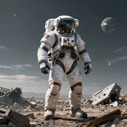 cinematic epic portrait of a mecha astronaut alone on a distant planet with spaceship destroyed, octane render, trending on artstation, hyperrealistic, character photography