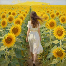 a girl slowly walking through amazing tall sunflower field, her hair flowing down, subtle, intricate details, real masterpiece, oil on canvas, by leonardo da vinci, vitalik buterin
