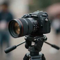 a close up of a camera on a tripod, a tilt shift photo by larry zox, featured on cg society, video art, filmic, 8 k resolution, 8 k