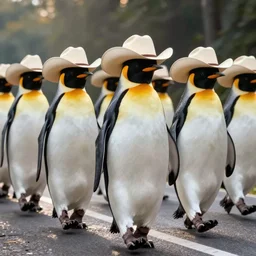 penguins in cowboy hats walking across the road