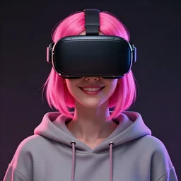 Portrait of a woman by Greg Rutkowski, symmetrical face, a girl withj neon pink bob hair using a VR Headset, Kubric Stare, crooked smile, she's wearing an oversized hoodie, highly detailed portrait, scifi, digital painting, artstation, book cover, cyberpunk, concept art, smooth, sharp foccus ilustration, Artstation HQ