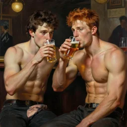 attractive muscular mike with ginger hair with muscular attractive tyler with brunet hair, drinking their hearts out, in a pub. very defined and highly detailed painting by gaston bussiere, j. c. leyendecker, craig mullins 8 k