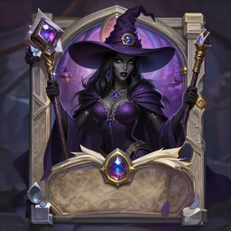Official Hearthstone painting style : The black sorceress with a witch hat and a scepter