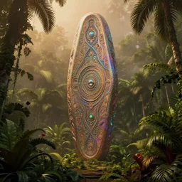giant iridescent monolith in lush tropical jungle, foggy, moody, warm tones : : by jeff koons, dan mcpharlin daniel merrian : : ornate, dynamic, particulate, rich colors, intricate, elegant, highly detailed, centered, artstation, smooth, sharp focus, octane render, 3 d