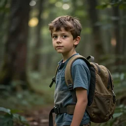 adventuring small boy with backback in wooded forest by ismail inceoglu
