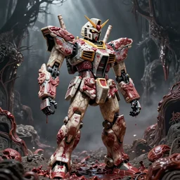 bleeding gundam robot made of meat drawn by beksinski, high definition, lovecraftian
