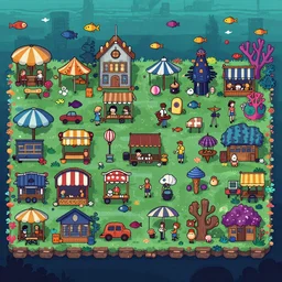 beautiful art for a 2d side scroller game set in a post apocalyptic bustling sea fairing town with lots of coral and fish inspired by night in the woods, lisa frank, and beeple