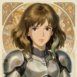 young mysterious girl with dark blond wavy hair with side swept bangs and a light blue stroke of hair, perfectly proportioned face, brown eyes, strong square jawline, natural lighting, path traced, highly detailed, high quality, cartoon, digital painting, by new haicheng and studio ghibli and alphonse mucha wearing an alien mecha armor designed by h. r. giger and neill blomkamp
