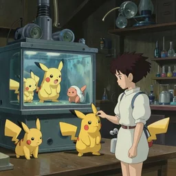 A dimly lit laboratory with machines that clone Pokémon, art by Hayao Miyazaki, art by Studio Ghibli, anime style