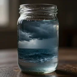 glass jar with a dark stormy sea inside, bokeh, dramatic lighting, hyperrealistic, highly detailed