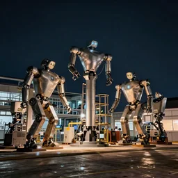 robot factory at night by simon stalenhag and zaha hadid and dan mumford
