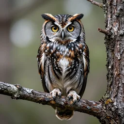 beautiful hyperrealist highly detailed cinematic lighting nature photograph of a screech owl on a tree branch, symmetrical full body, beautiful high contrast wood engraving, moebius and charles burns comic style, shocking detail trending on artstation 8 k