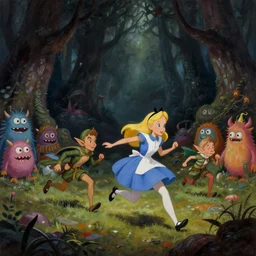 a scene of elves running through a clearing in a dark fantasy forest surrounded by darkness and colorful cartoon monsters. hyperrealist illustration. muted colors. 1 9 7 0's pulp science fiction and fantasy cartoon for alice in wonderland and wizard of oz. highly detailed and richly colored painting by don ivan punchatz and basil gogos. trending on artstation