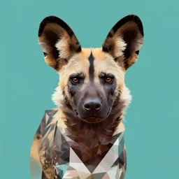 a geometric portrait of an african wild dog in teal, white and brown, triangles, angular, abstract by paul lehr