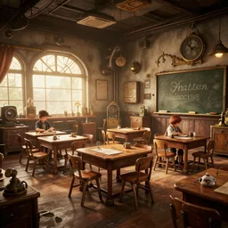 Interior of a Steampunk kindergarden classroom Greg Rutkowski, ArtStation, CGSociety, ultra realistic, ray tracing, 3d render, volumetric light, Unreal Engine