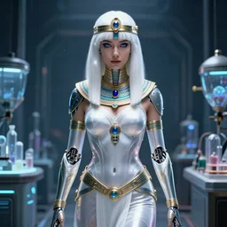perfect white haired attractive egyptian goddess, warframe armor, beautiful, symmetric, dreamy, half asian, pretty face, blue eyes, taylor swift, detailed, scifi platform, laboratory, experiment, 4 k, ultra realistic, epic lighting, android body, illuminated, cinematic, masterpiece, art by akihito tsukushi, voidstar