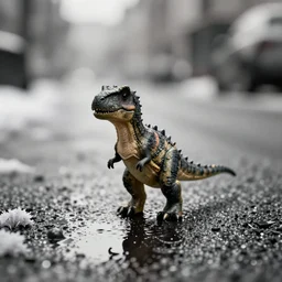 a beautiful photo by saul leiter of a tiny dinosaur standing in the street in puddle, tiny gaussian blur, insanely detailed, insanely intricate, insanely beautiful, depth of field, low contrast, snowy, wide aperture