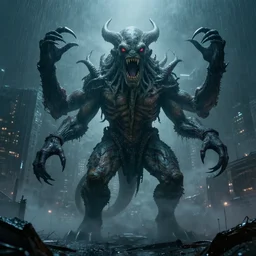 dramatic portrait of a roaring cthulhu, symmetry, post apocalyptic setting, fog, rain, city at night, long tail