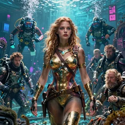 detailed ultrarealistic photography front medium shot of psychedelic, waterworld, matrix, warhammer, postapocalyptic, scifi cyberpunk scubadiver, warrior girl, leyendecker, norman rockwell, greg rutkowski, artstation cinematic, vray game of thrones, lord of the rings