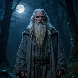 an old, tired wizard with long, whinte beard, dressed in a ragged, gray traveling cloak. The background is a forrest in the night, heavy raining, full moon, dramatic lights, high detail, photorealistic, cinematic lighting, blue tones, atmospheric,  fantasy concept art by Artur Mósca, Craig Wylie, Daniel Gerhartz