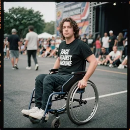 photo of zack de la rocha in a wheelchair, rage against the machine, shot on kodak portra 4 0 0 3 5 mm film