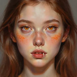 portrait young beautiful!!! symmetric woman, hypnotic ( ( ( orange cat ) ) ) eyes, hazel hair, freckles, ( ( ( ( ( fangs ) ) ) ) ) digital painting, lots of details, extremely detailed, 4 k, intricate, brush strokes, mark arian, artgerm, bastien lecouffe - deharme