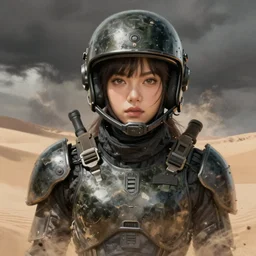 portrait of dieselpunk blackpink lisa soldier girl, helmet, stormy sand desert, armored, highly detailed, digital painting, face detail, sharp focus, art, illustrations by loish and ayanamikodon and irakli nadar and rossdraws and wlop