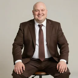 A smiling chubby white clean-shaven man dressed in a chocolate brown suit and necktie is sitting on a stool. Realistic