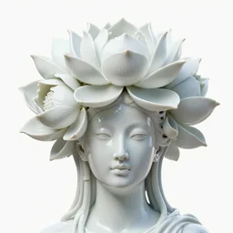 shiny, porcelain head of a woman, the head is covered in giant, white, detailed lotus flowers and stems, by daniel arsham and james jean on a white background, high resolution 3 d octane render, volumetric lighting