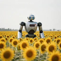a wide angle landscape photo of a field of sunflowers being enjoyed by an up close giant humanoid robot, lpoty, award winning, bokeh, soft focus, photography by beksinski