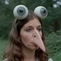 woman with a nostril face, long snout, wearing eyeballs on her head, outdoors 1974 arthouse film, archival footage, technicolor film
