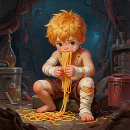A cute spaghetti-boy fighter is tending his wounds and replacing a lost limb with spaghetti in a storage room within the grimdark dungeon depths. trending on Pixiv. trending on ArtStation. A vibrant digital oil painting. A highly detailed fantasy character illustration by Wayne Reynolds and Kev Walker and Gustave Dore and Carl Critchlow and Bram Sels