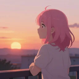 anime girl with pink hair watching sunset, by lise deharme,