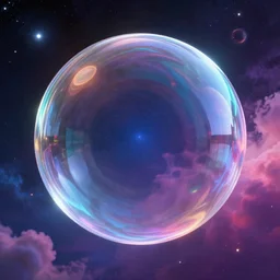 big glass bubble in a cosmos space full of stars and vibrant clouds, volumetric light, octane render, glass shader