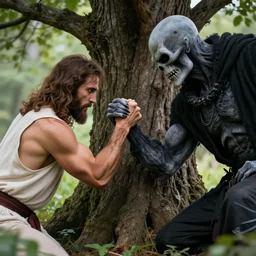 Jesus and Grim Reaper arm wrestling under the tree, epic