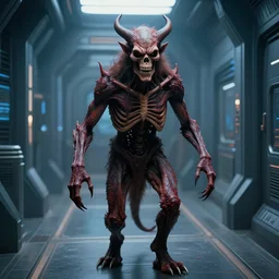 1 9 8 0 s sci - fi movie, still frame, skinned monster demon in hi - tech corridor, photorealistic