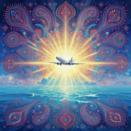 psychedelic paisley patterns in the sky, airplane flying over a fantasy ocean 🌊, fantasy landscape, radiant light rays, backlit, symmetrical details, sharp focus, photorealistic painting, award winning painting, volumetric lighting, artstation, octane render, unreal engine, studio ghibli