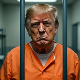 closeup portrait of of angry donald trump wearing orange prison pajamas locked up in an prison jail cell, cinematic masterpiece, octane, dramatic lighting, 35mm, very detailed