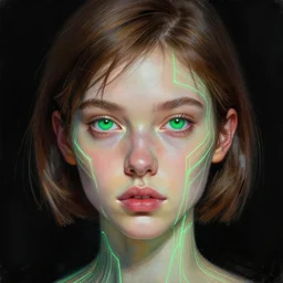 generative art beautiful young woman, green eyes, short brown hair, thin neon wire, black background, digital painting, extremely detailed, 4 k, intricate, brush strokes, mark arian, janusz jurek, johanna martine, artgerm, bastien lecouffe - deharme, peter mohrbacher