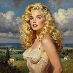 beautiful painting of jerma985 with long curly blond hair, pinup poster by J.C Leyendecker and Norman Rockwell