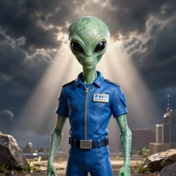alien with blue uniform and name tag looking at the camera